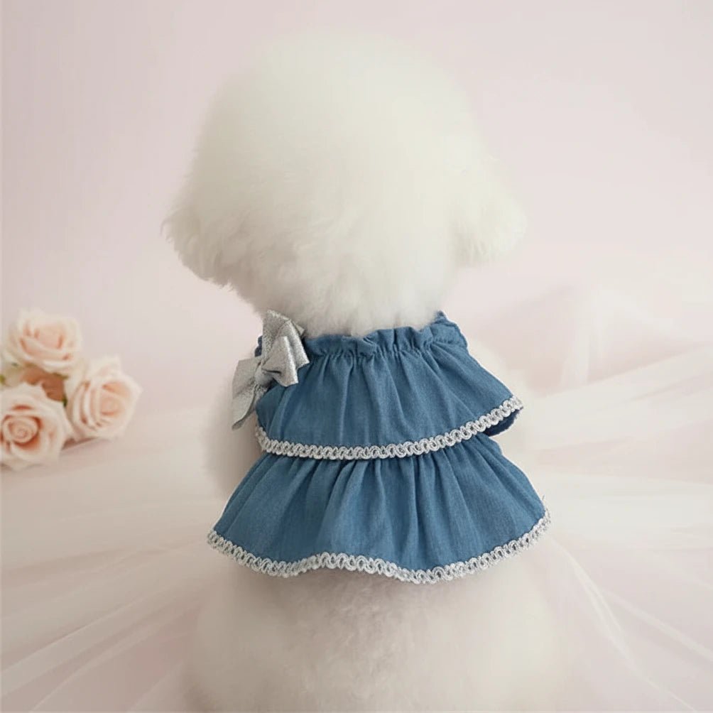 Dog wearing a blue denim dress with white lace trim - Mona & Milo
