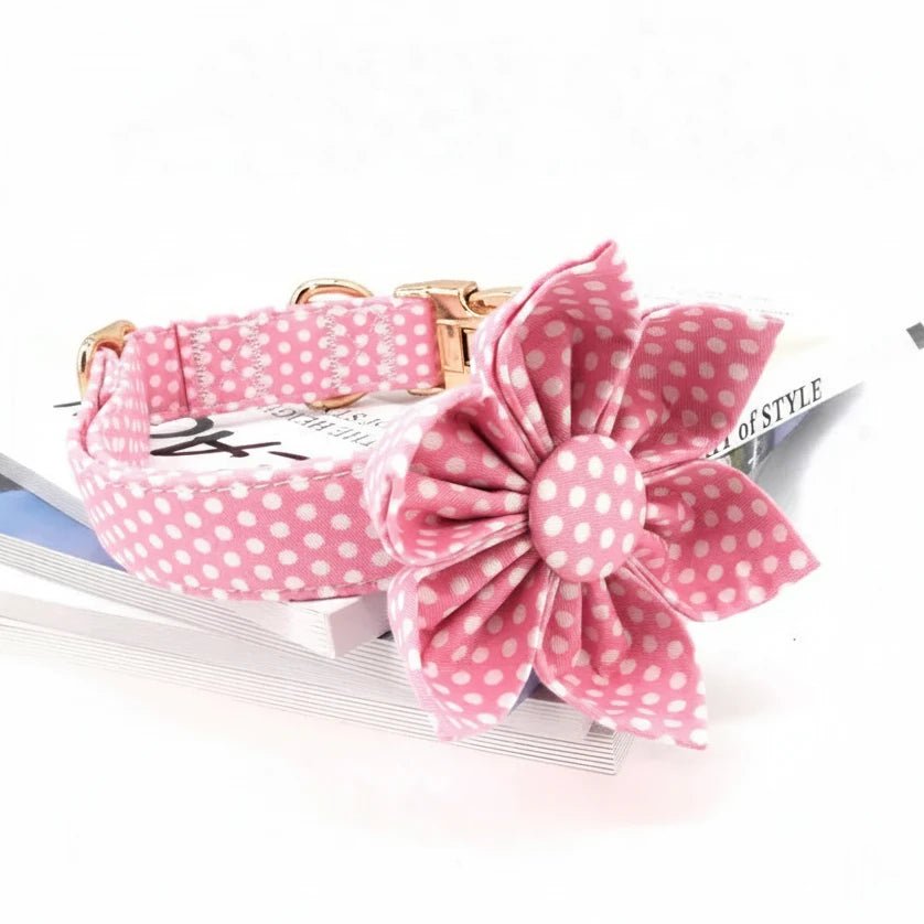 Pink floral design dog collar and leash set from Mona & Milo, perfect for pet weddings or birthdays.