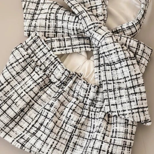 Cavalier King Charles Spaniel small dog cotton dress Curtsy Bow black white plaid
