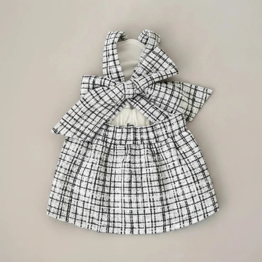 Small dog cotton dress Curtsy Bow black white plaid cross straps bow charming
