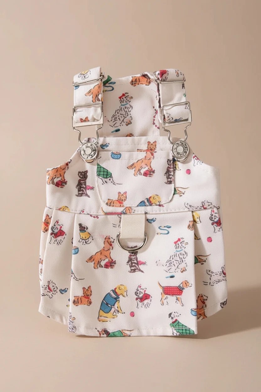 Pippin Cotton Dungaree Dress for small dogs in white — playful all-over dog print with classic dungaree