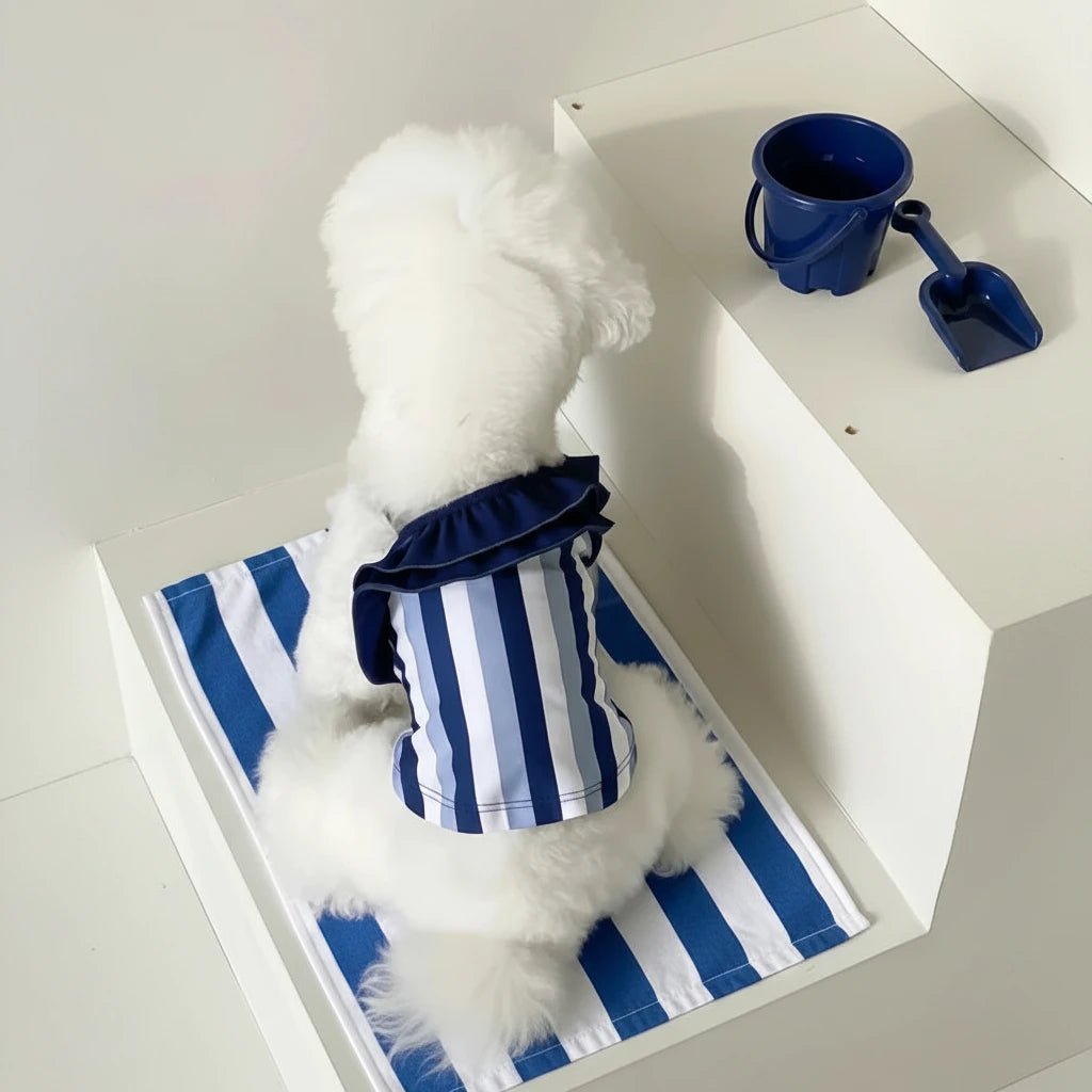 Nautique striped swimsuit by Mona & Milo featuring a classic swimwear design with blue and white horizontal stripes.