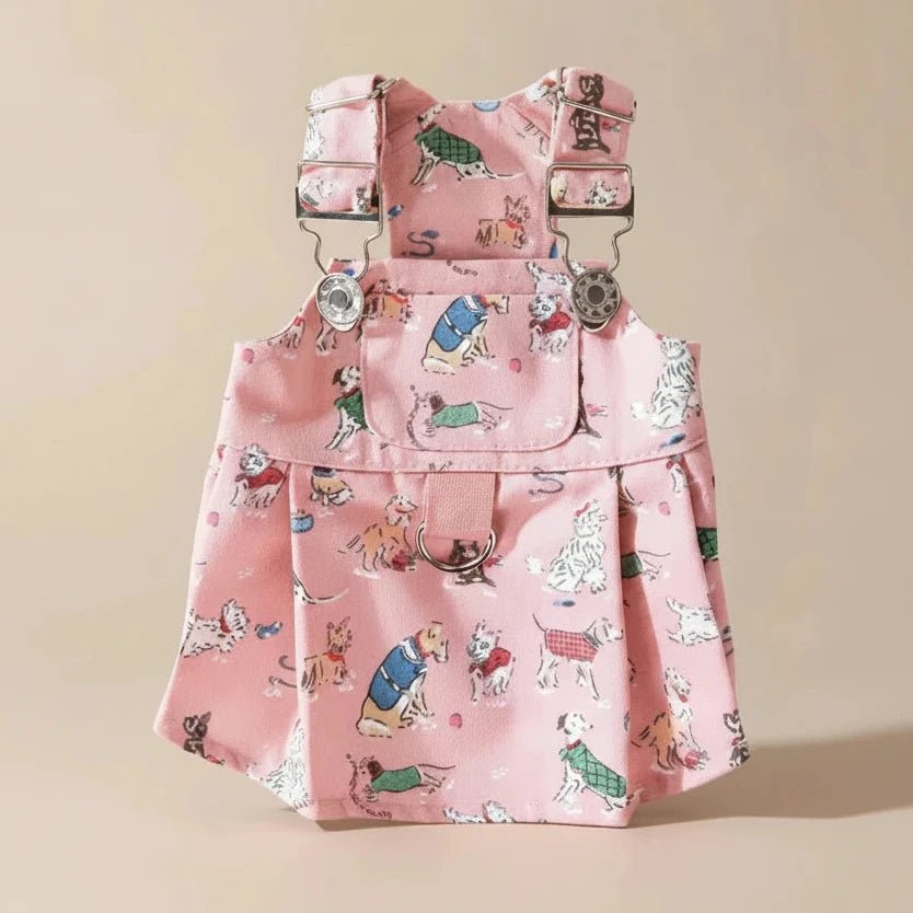 Pippin Cotton Dungaree Dress for small dogs in pink — sweet dog print throughout with adjustable suspenders