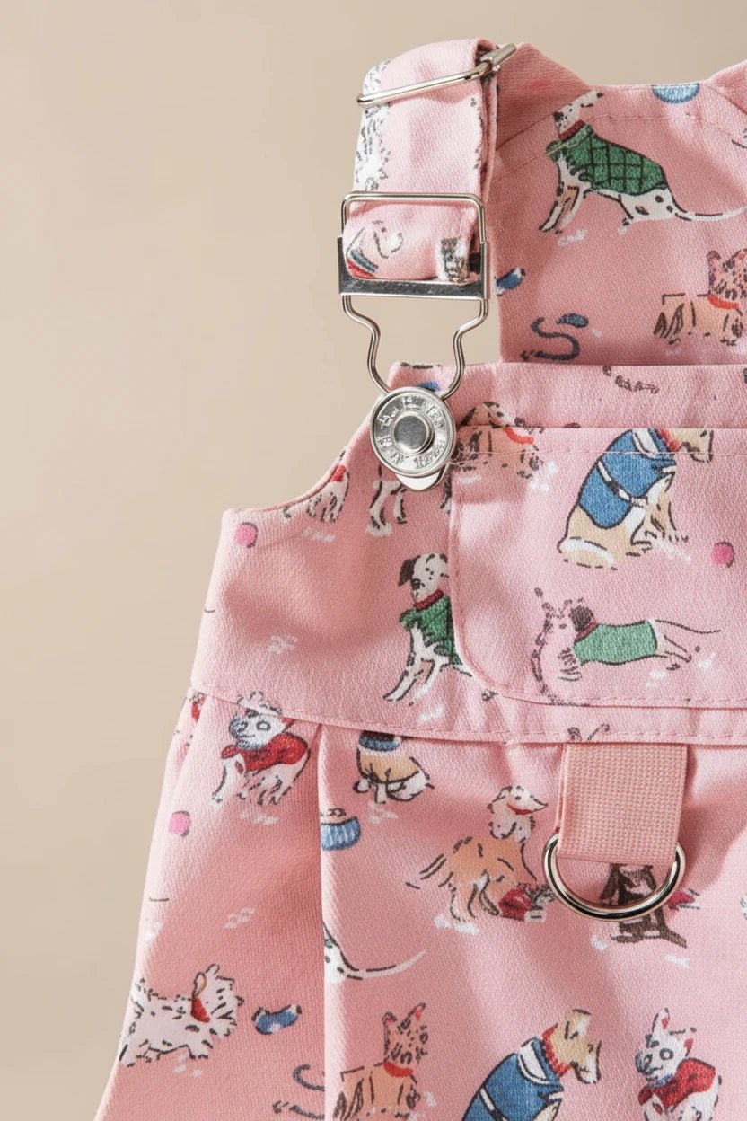 Pippin Cotton Dungaree Dress in pink for small dogs — breathable cotton with playful dog print