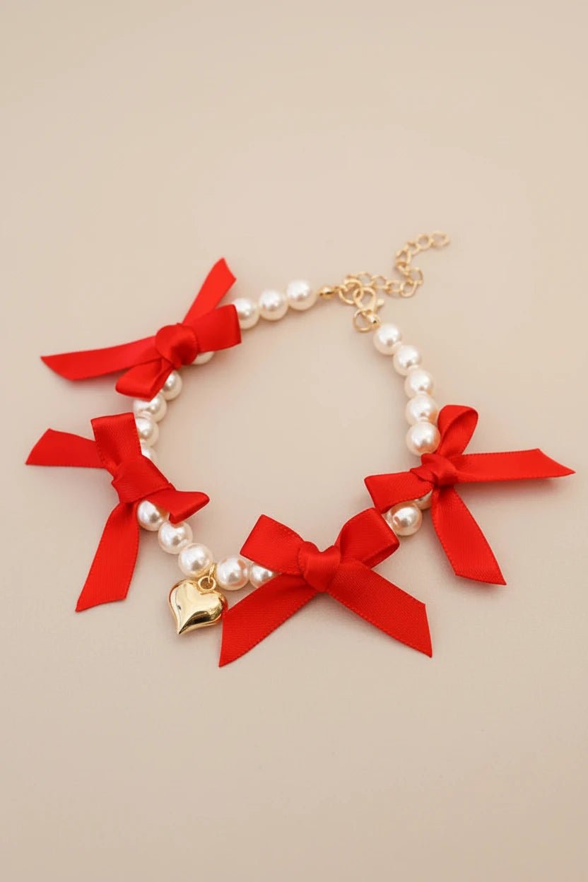 Shih Tzu small dog necklace Velvet Heart pearl lace bows red romantic
