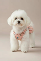 Small dog wearing the Pippin Cotton Dungaree Dress in pink — all-over dog print with dungaree