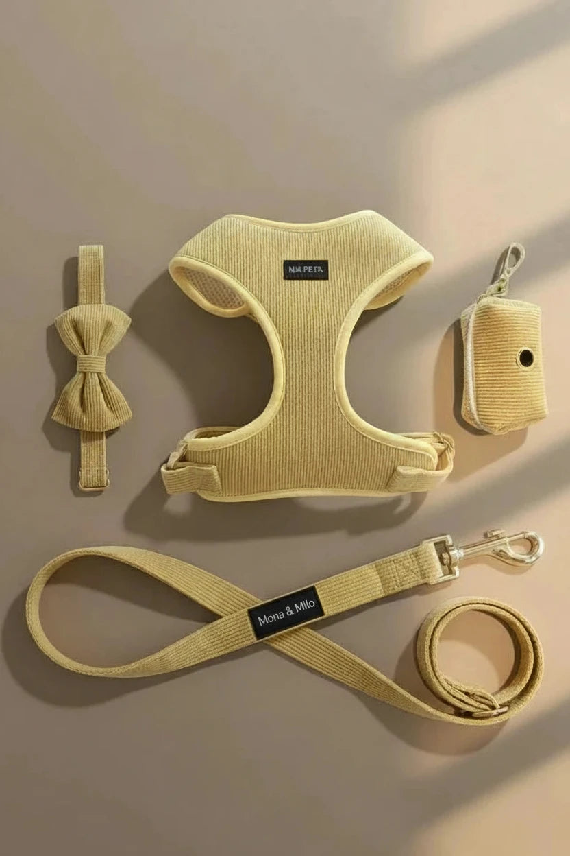 Chihuahua harness mustard corduroy adjustable chest strap detail
