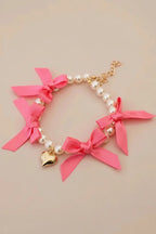 Pomeranian small dog necklace Velvet Heart pearl lace bows fuchsia sweet

