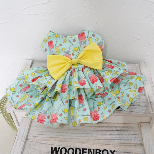 Pink customized dog harness dress with ruffles and corset for small pets, ideal for weddings and birthday parties.