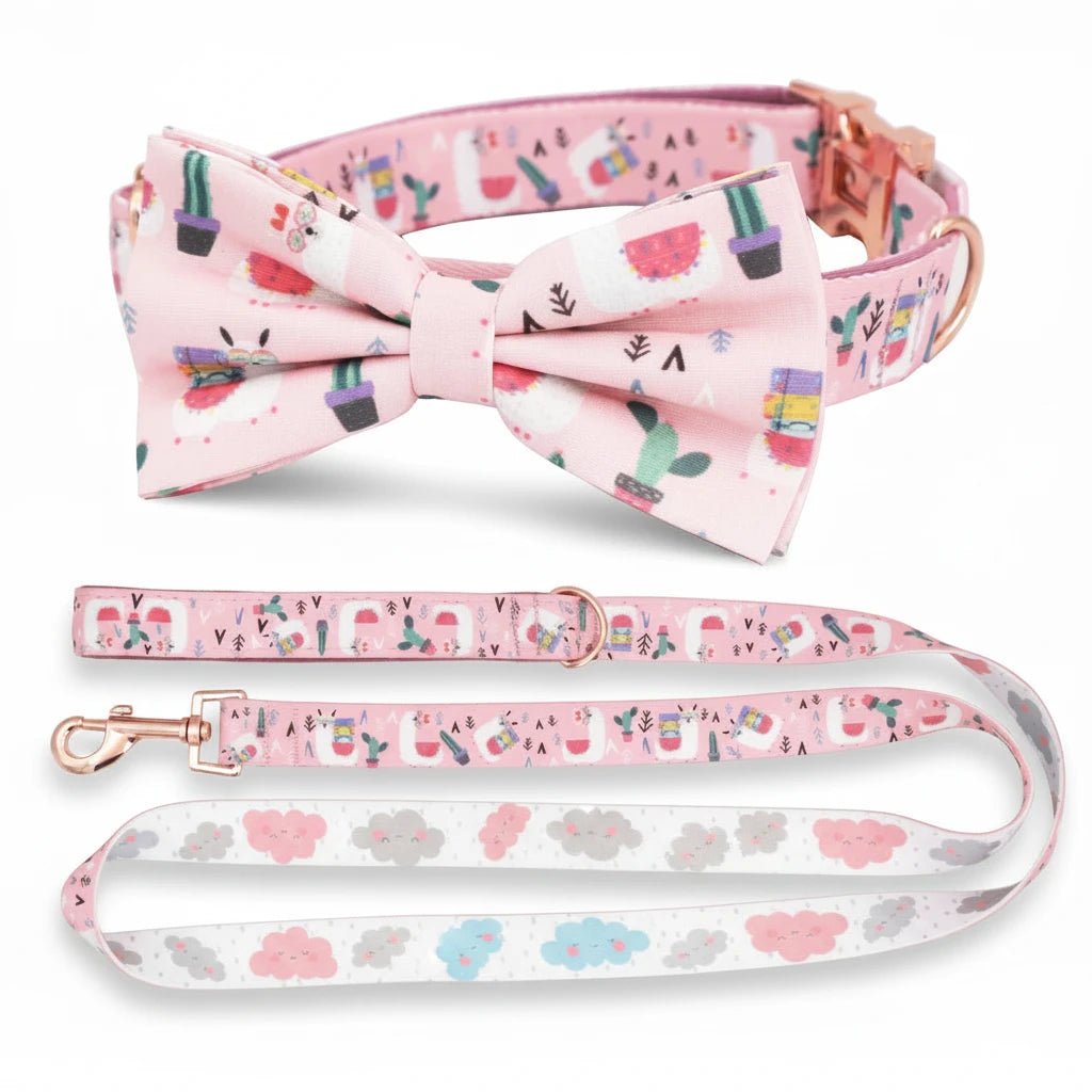 Pink alpaca clouds tactical adjustable dog leash and collar set with soft vest, reversible, small size, no-pull harness