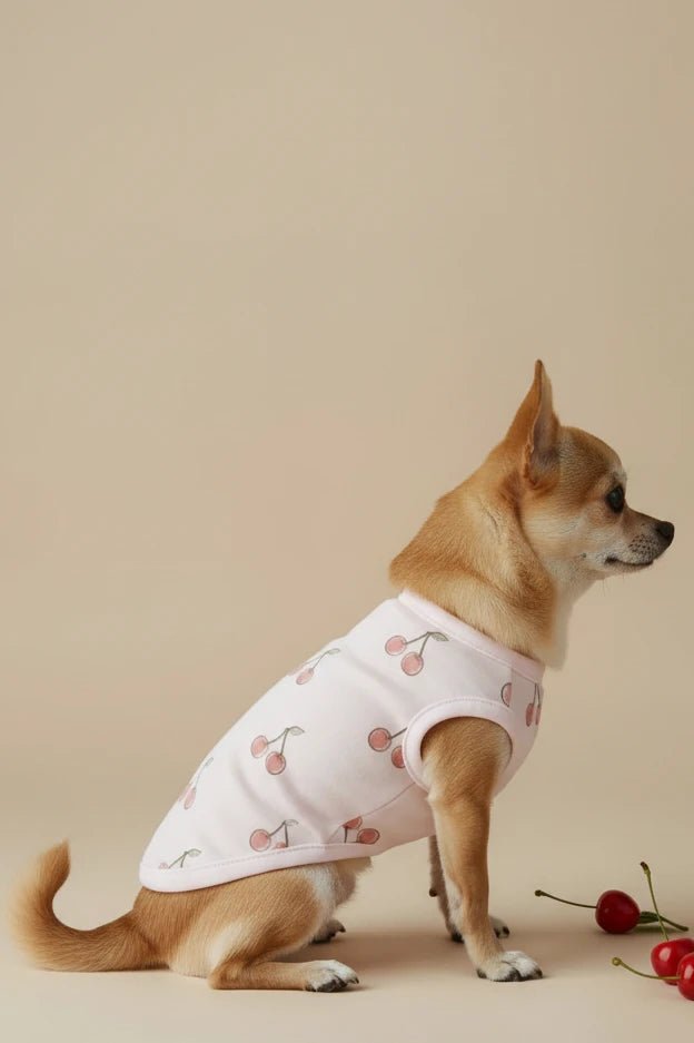 Maltese small dog cotton tee Cerise pink cherry print outdoors
