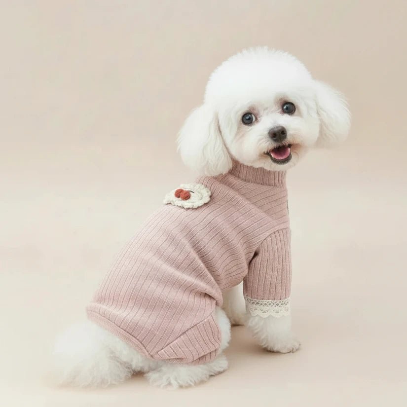 Pomeranian small dog knit onesie Naptastic pink lace cuffs soft elegant
