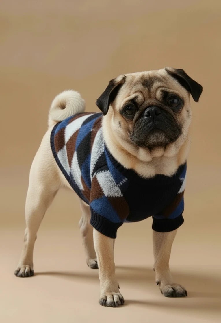 Adorable small dog sweater for French Bulldog argyle pattern full view
