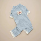 Small dog knit onesie Naptastic blue cherry embroidery lace trim cozy
