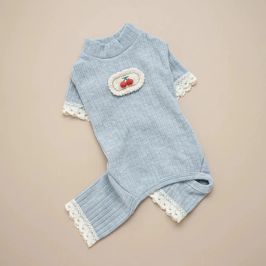 Small dog knit onesie Naptastic blue cherry embroidery lace trim cozy

