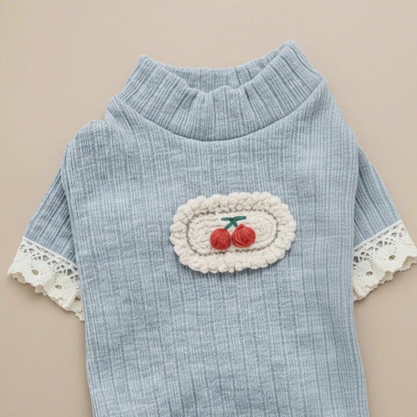 Shih Tzu small dog knit onesie Naptastic blue cherry embroidery delicate

