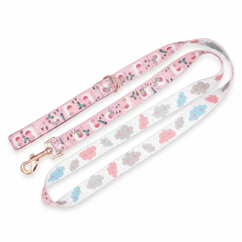 Pink alpaca clouds tactical dog harness and adjustable leash set with reversible soft vest, designed for small dogs