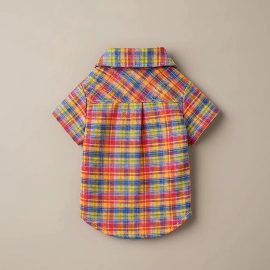 Mona & Milo Fiesta plaid shirt with red, green, and white checkered pattern, long sleeves, and button-down front.