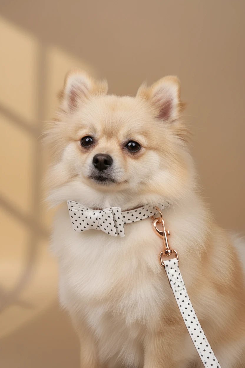 Small dog collar set for Shih Tzu polka dot close up
