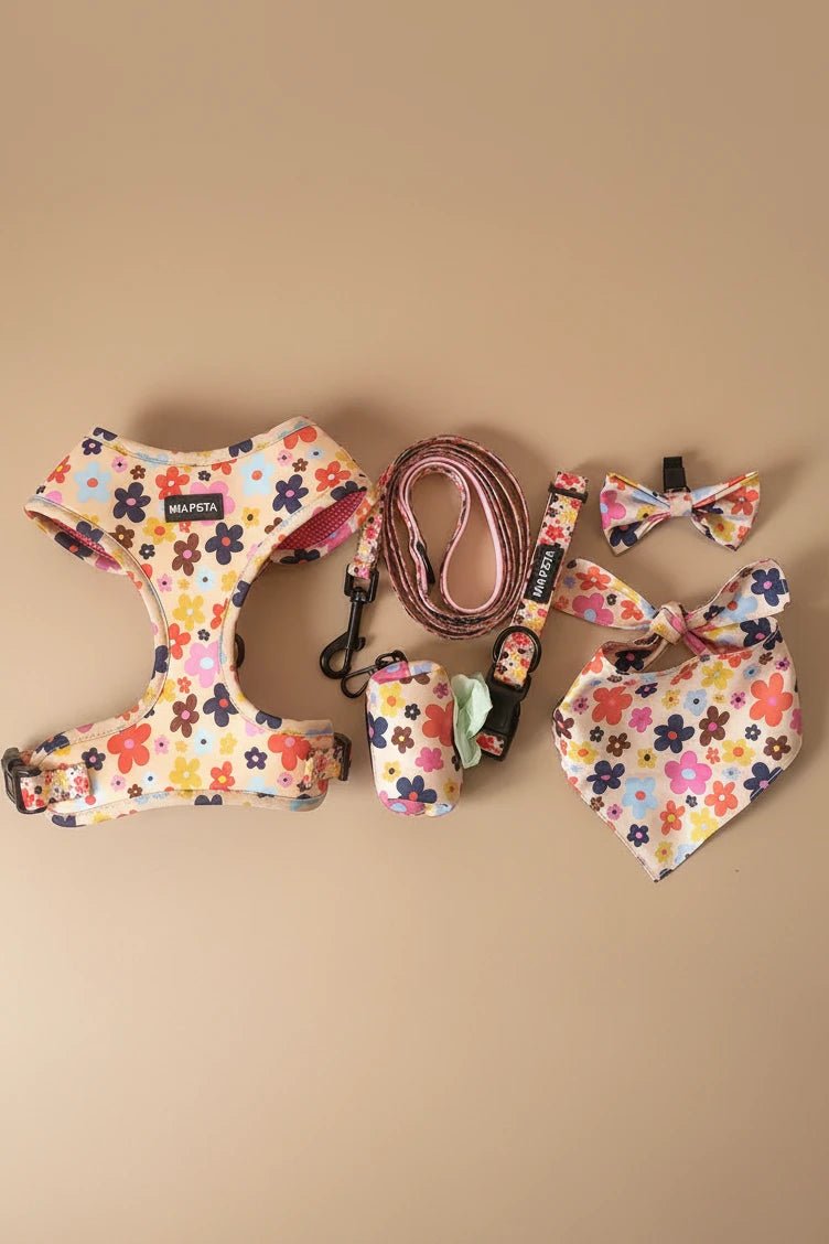 Small dog Yorkshire Terrier harness floral print adjustable chest strap detail

