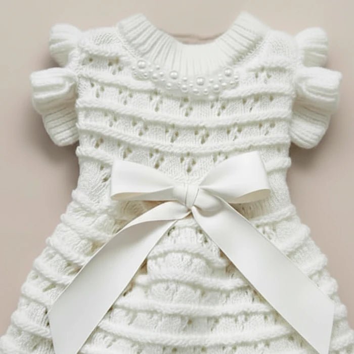 Noelle Bow Knit Dress by Mona & Milo, featuring a cozy knit fabric and a stylish bow detail, displayed in a fashion shot.