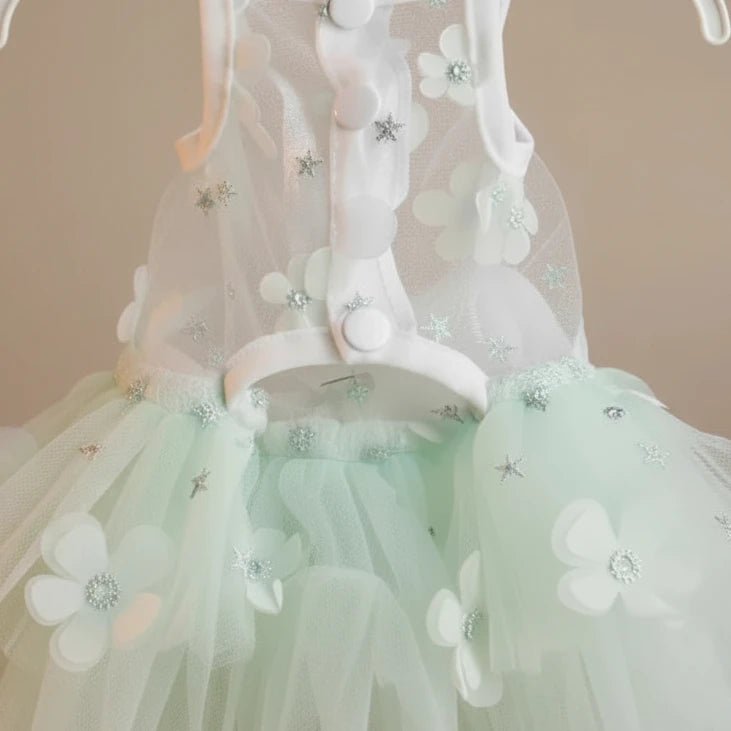 Jolie Tulle Lace Dress in white — sheer lace bodice with satin straps and layered princess tulle skirt for small dogs