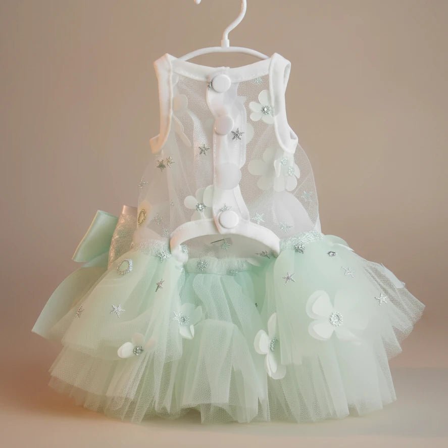 Jolie small dog wedding dress — full tutu tulle skirt with delicate star and flower lace details throughout