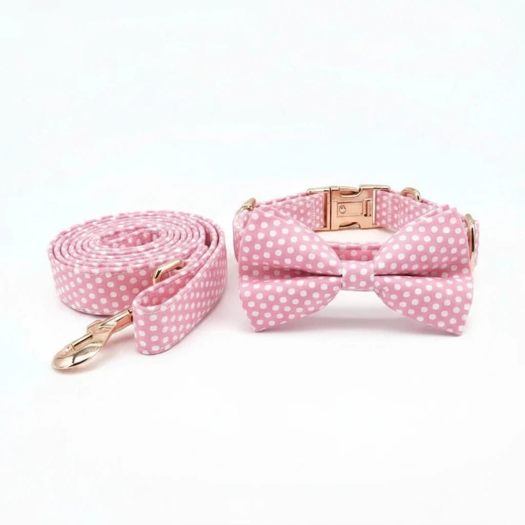 Pink floral dog collar and leash set with lace detail, stylish and adjustable for pets, perfect for special occasions