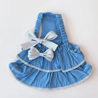 Blue dog dress with white trim and bows - Mona & Milo