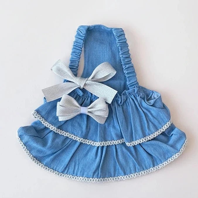 Blue dog dress with white trim and bows - Mona & Milo