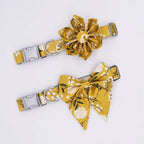 Autumn-themed padded dog collar with flower and bowknot design, personalized metal buckle, suitable for holiday gifts.