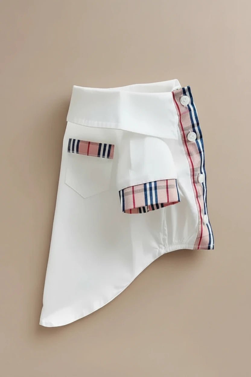 Small dog preppy shirt Henley crisp white plaid details refined
