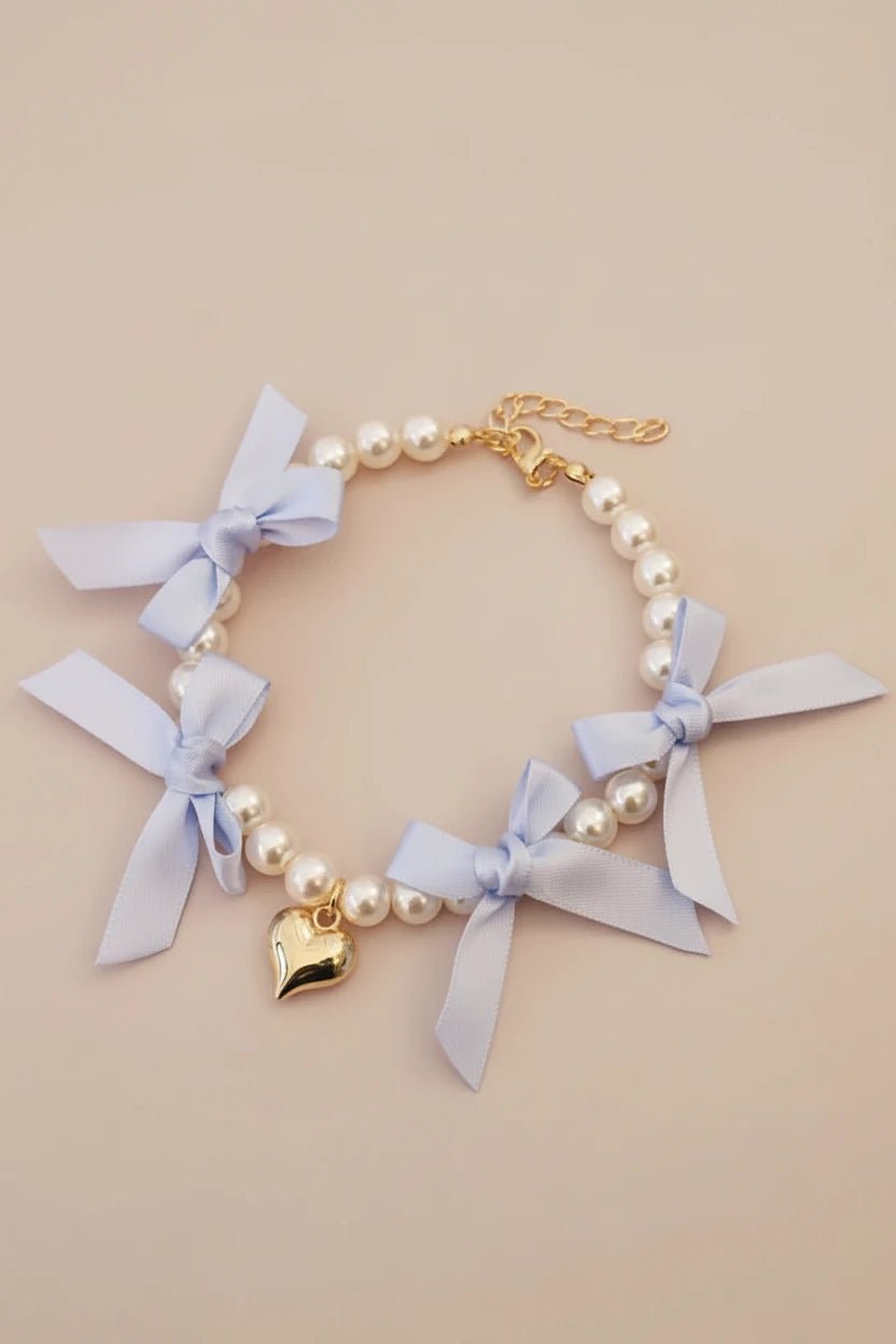 Yorkshire Terrier small dog necklace Velvet Heart pearl lace bows light purple delicate
