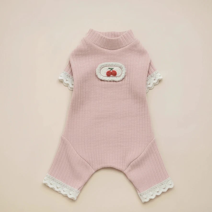Small dog knit onesie Naptastic pink cherry embroidery lace trim cozy
