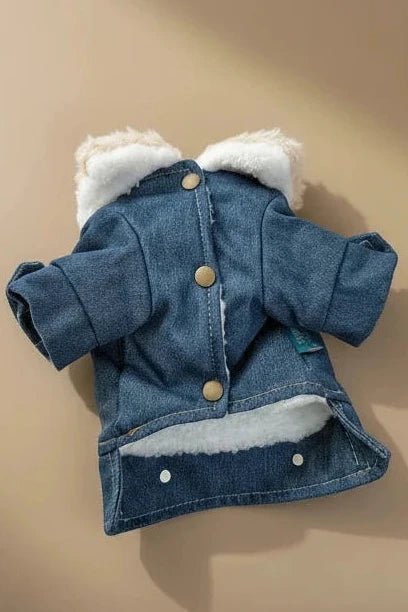 Adorable small dog jacket for Maltese blue jean full view
