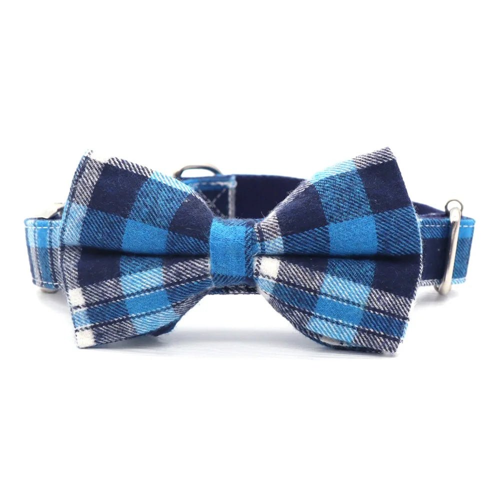 Classical plaid dog collar with bow and matching leash, adjustable pet accessories from Mona & Milo for stylish dogs.