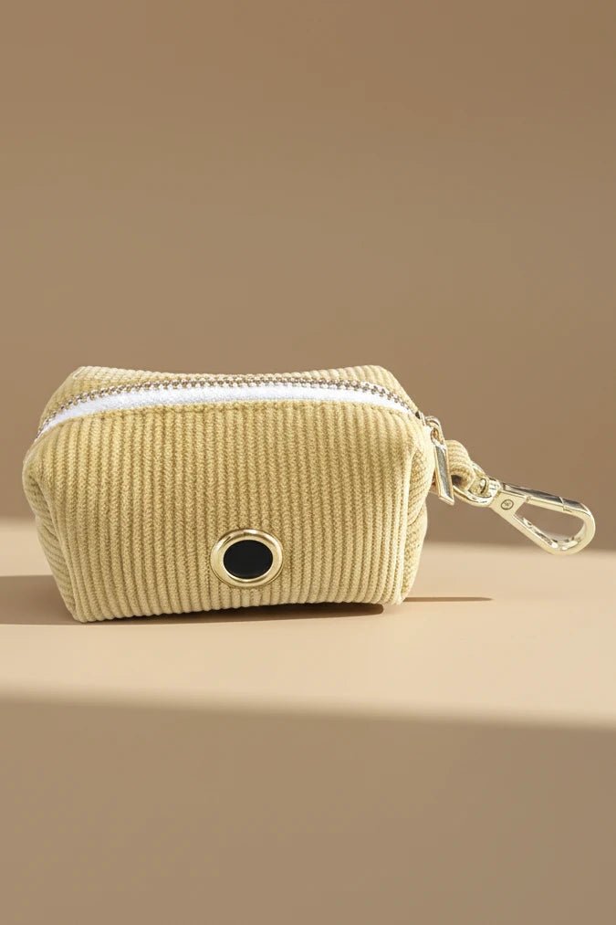 Small dog poop bag holder harness set mustard 4-piece collar leash bow
