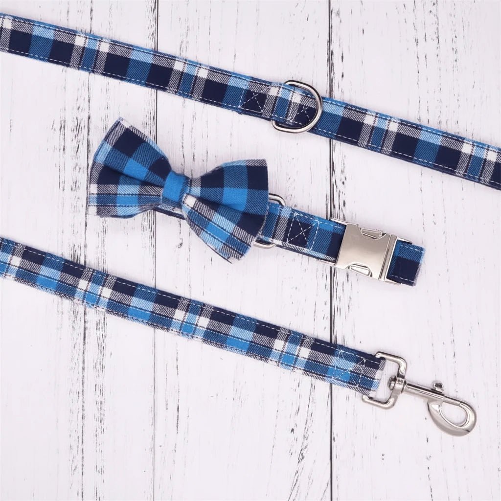 Classical plaid dog collar with bow and leash, adjustable pet accessory from Mona & Milo
