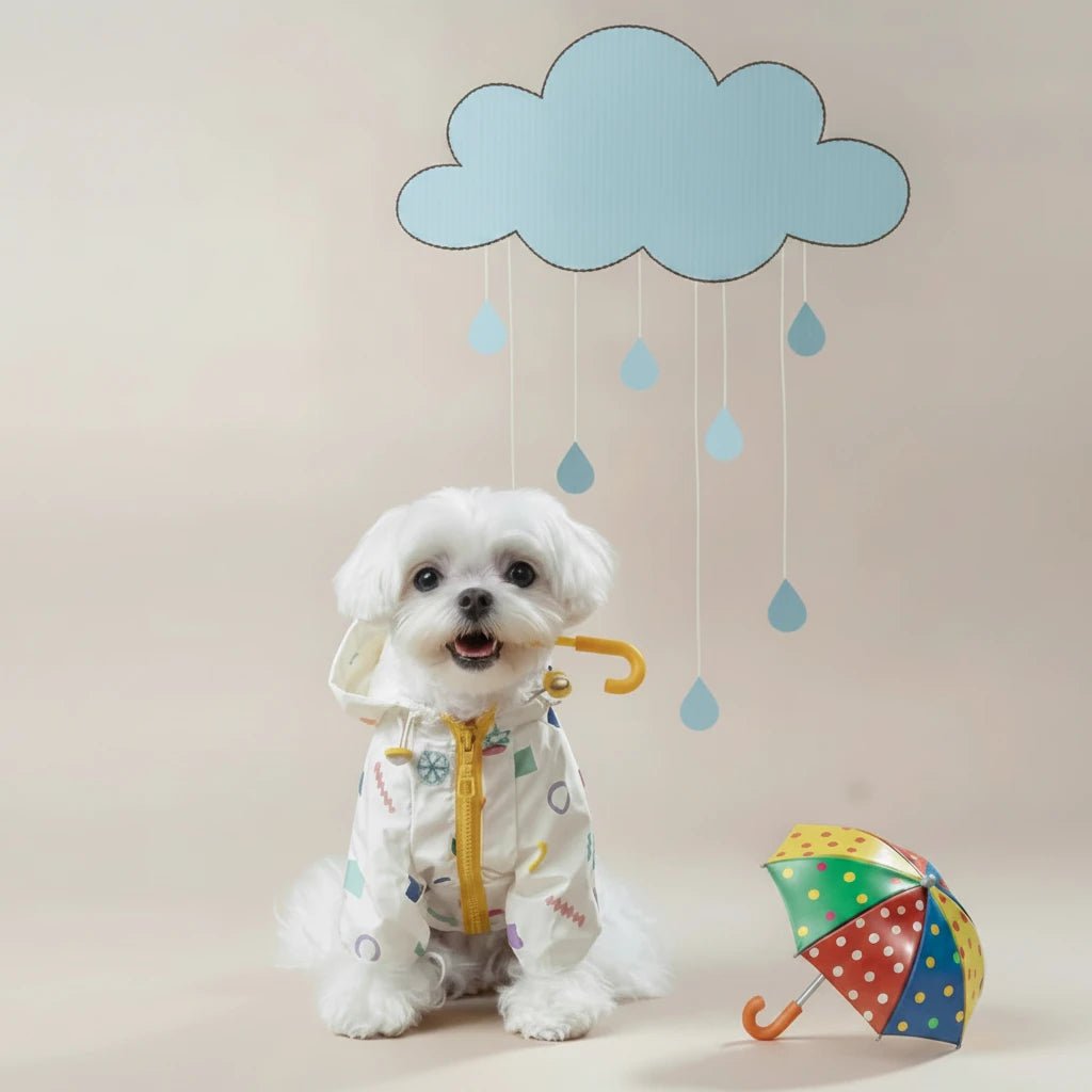 Mona & Milo Raindance fleece-lined raincoat in navy with hood, front pockets, and waterproof fabric for rainy weather.