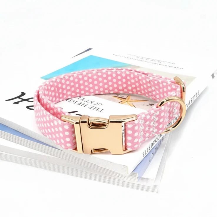 Pink floral design dog collar and leash set, customizable for pets, ideal for weddings or birthdays.