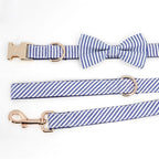 Custom striped matching pet leash and bowtie collar for dogs, ideal for weddings and birthdays, by Mona & Milo