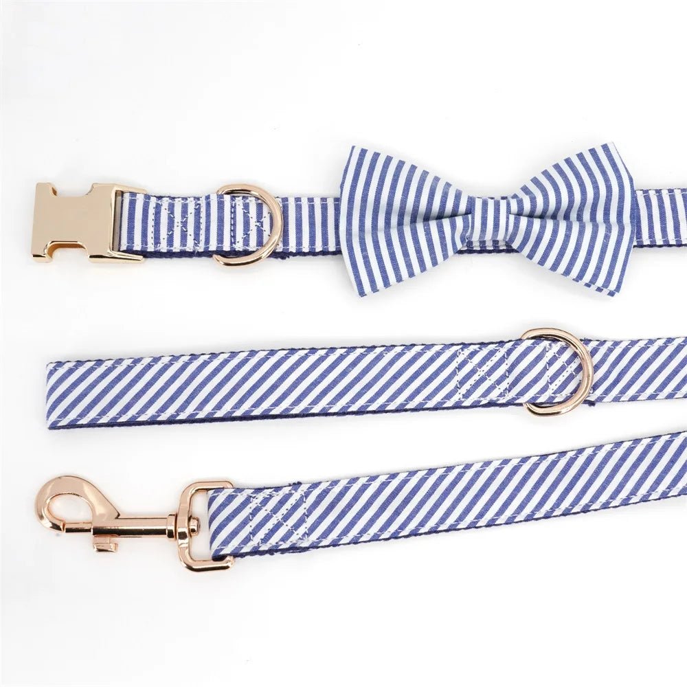 Custom striped matching pet leash and bowtie collar for dogs, ideal for weddings and birthdays, by Mona & Milo