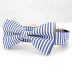 Custom striped pet leash and matching dog bowtie collar, suitable for weddings and birthdays, made by Mona & Milo