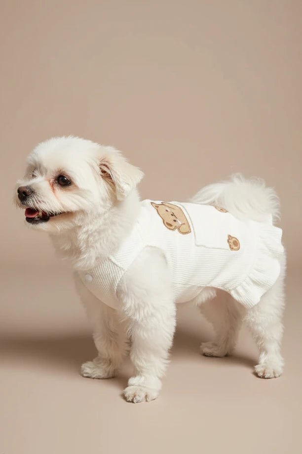 Pomeranian small dog dress Truffle corduroy bear bodice white ruffled
