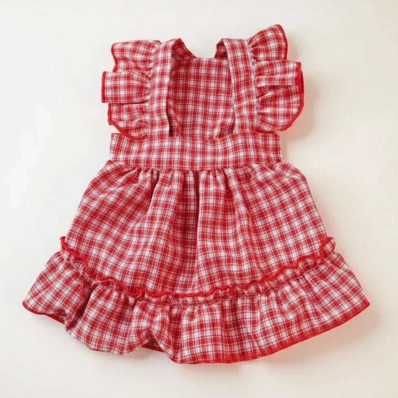 Red and white checkered dog dress with ruffled details 