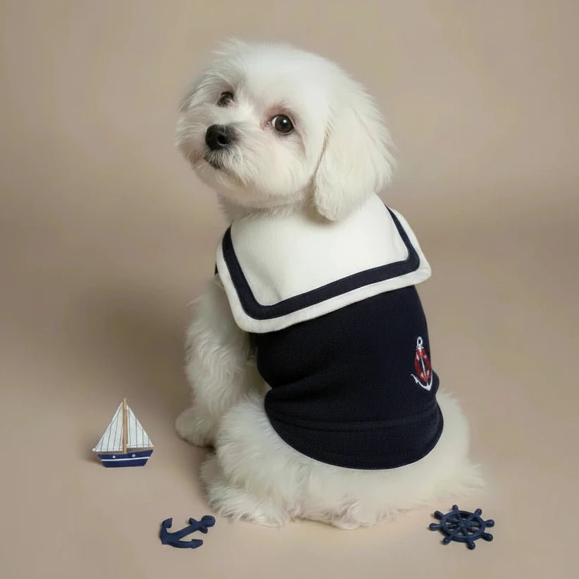 Shih Tzu small dog sailor top Nautica navy blue crisp nautical style
