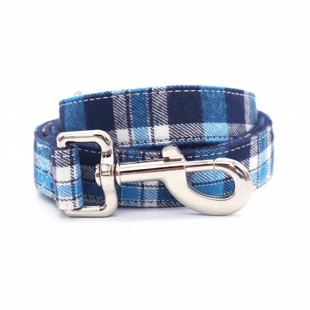 Classical plaid dog collar with bow and matching leash, adjustable pet accessory in vibrant colors for small to medium dogs.