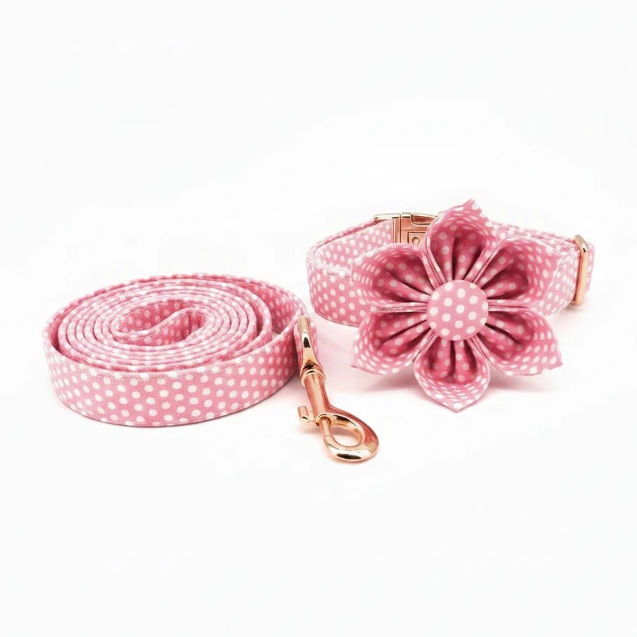 Pink floral design dog collar and leash set, custom pet wedding or birthday gift, made by Mona & Milo