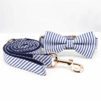 Custom striped matching pet leash and dog bowtie collar for wedding , made by Mona & Milo
