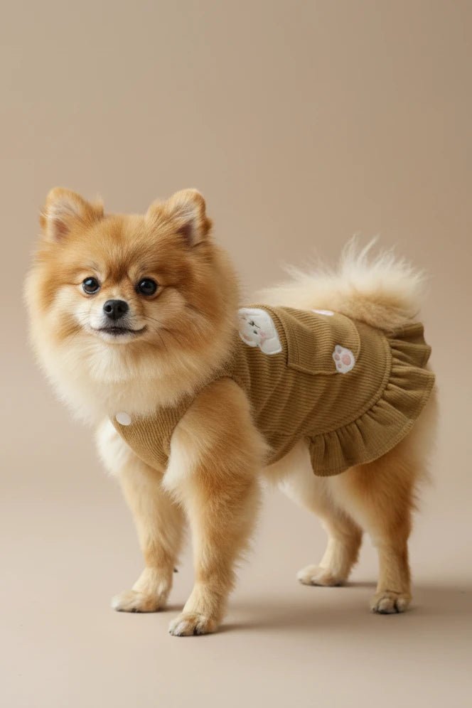 Maltese small dog dress Truffle corduroy bear brown suspenders
